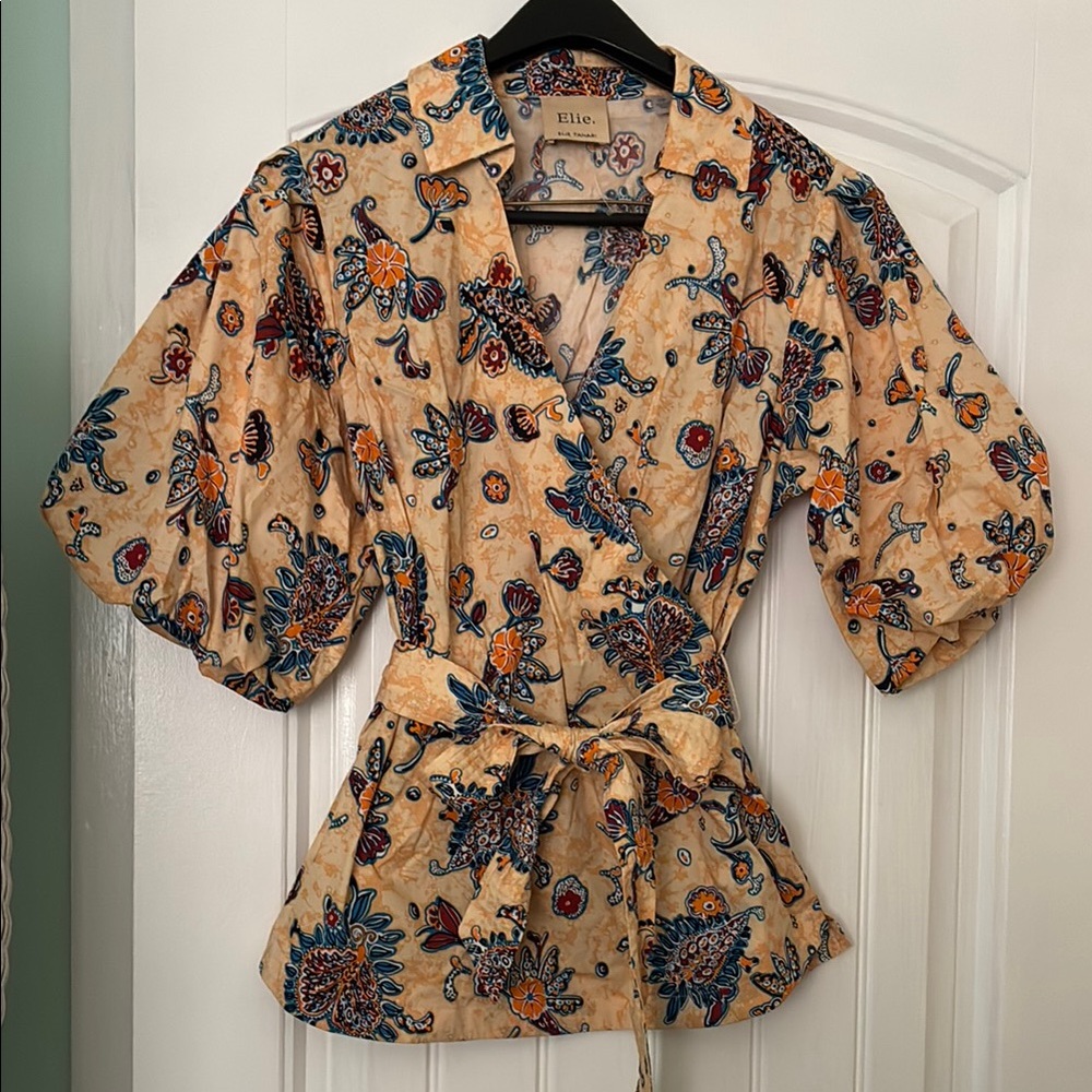 Elie Tahari Blue and Gold Wrap Peplum Blouse